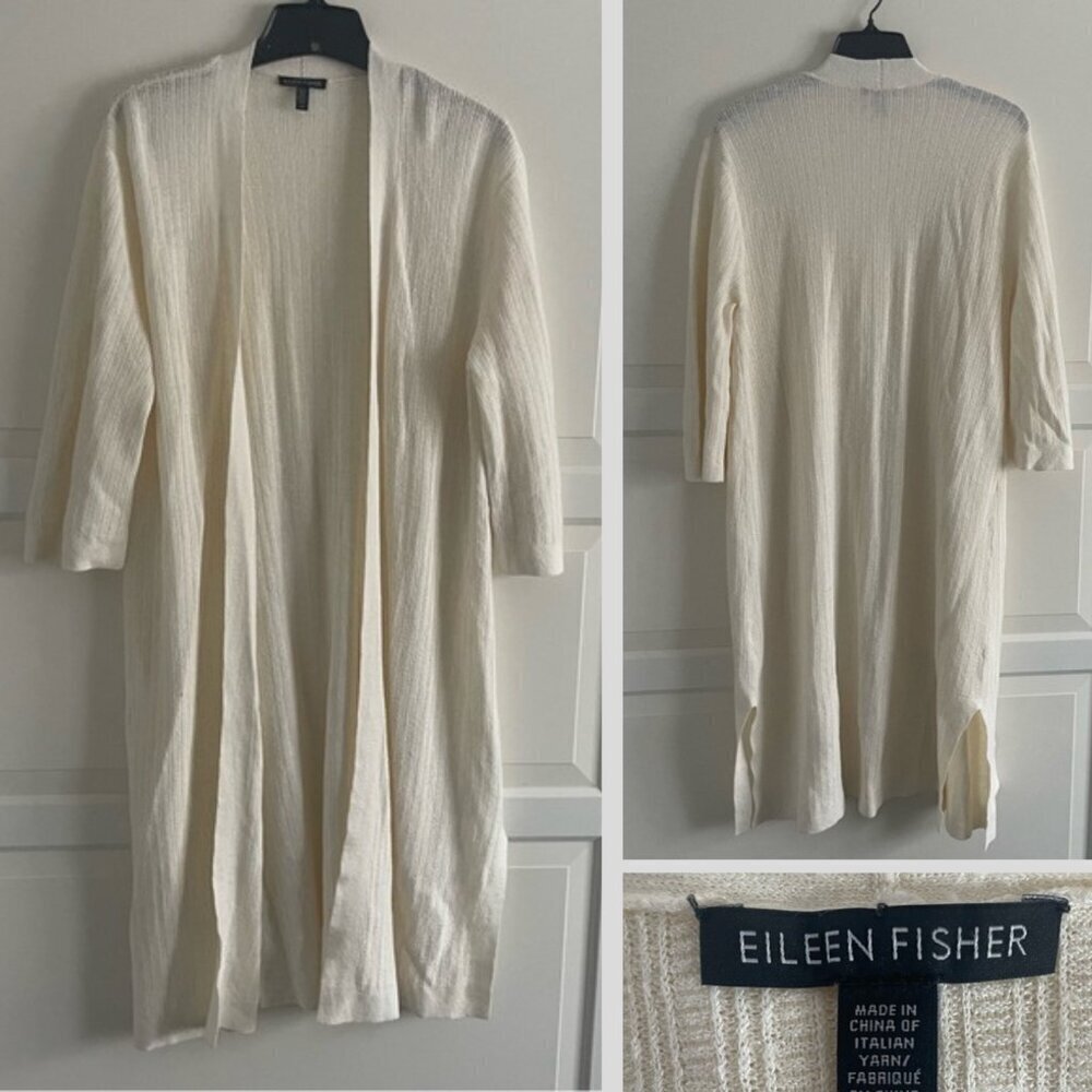 Eileen Fisher Soft White Organic Linen Blend Stretch Crepe Long Cardigan 20416